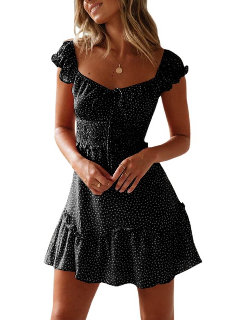 Summer Sundress Ruffle Sleeve Sweetheart Neck Print Mini Dress